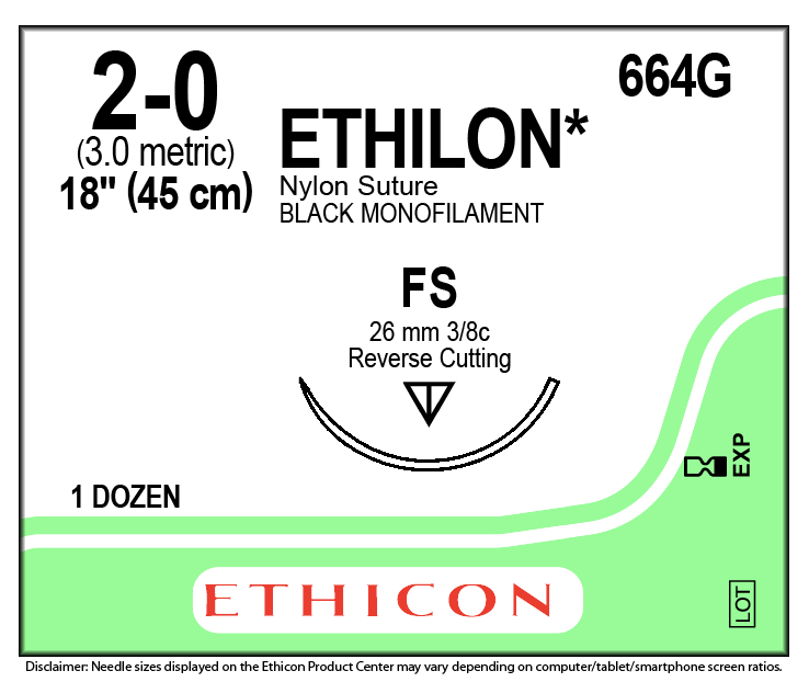 Suture with Needle Ethilon™ Nonabsorbable Uncoated Black Suture Monofilament Nylon Size 2 - 0 18 Inch Suture 1-Needle 26 mm Length 3/8 Circle Reverse Cutting Needle by Ethicon - Suture  J & J Healthcare Systems  ID 664G